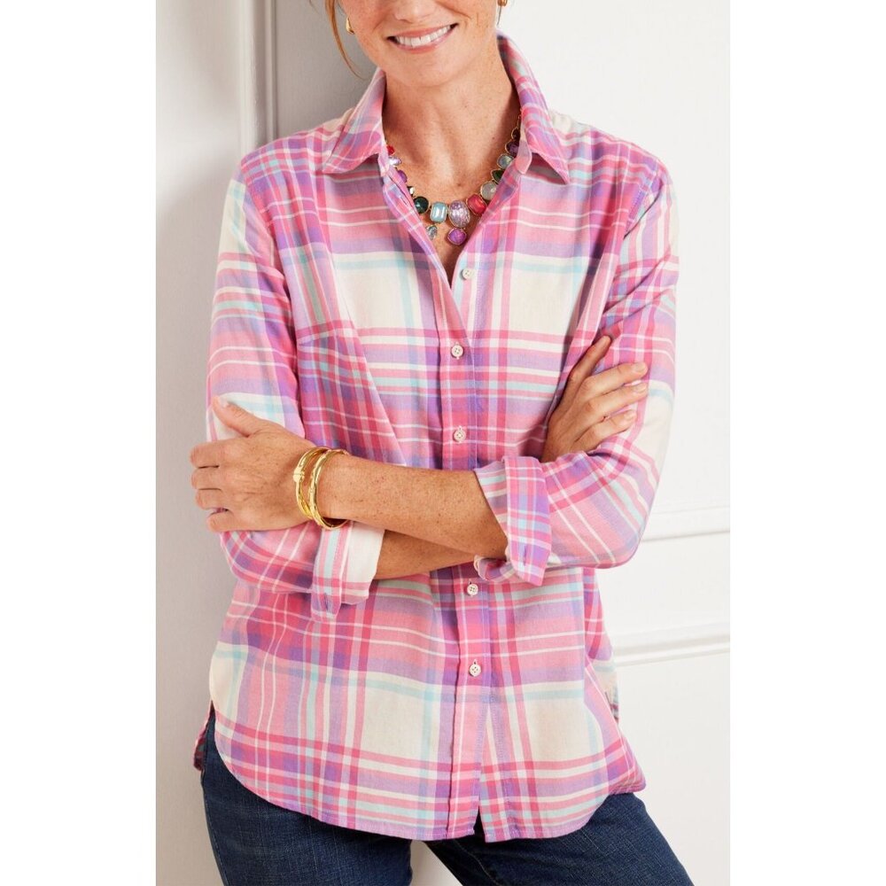 Talbots PLUS 2X Flannel Modern Classic Button Down Shirt  Jingle Bell Plaid Top